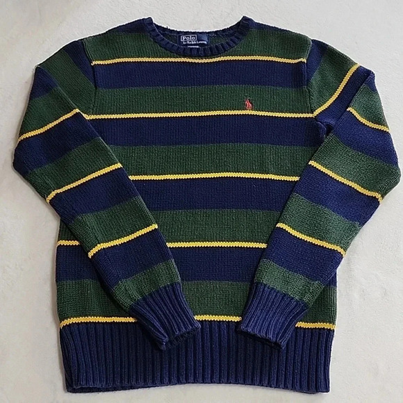 Boys Polo by Ralph Lauren Striped Knit Sweater, Blue/Green, Size 12/14, PreOwned - Picture 1 of 7